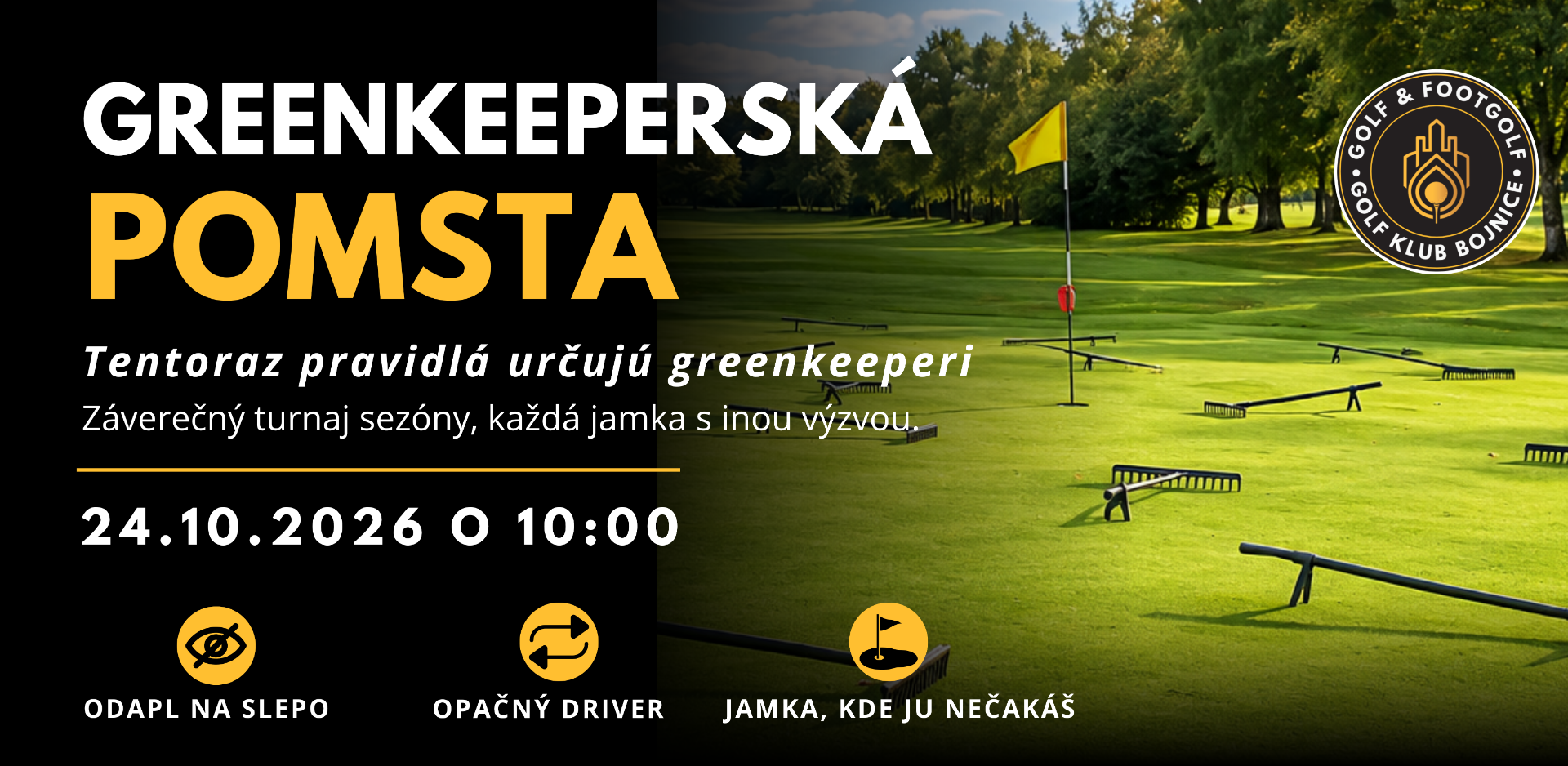Propagačný banner s trofejou, textom Otvorené Majstrovstvá klubu 2026 a dátumom 3.10.2026.